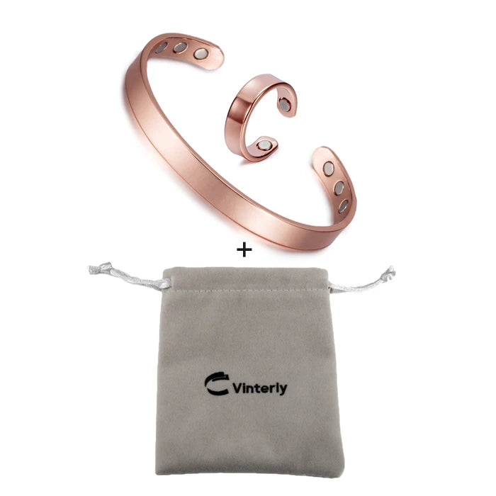 Vinterly Magnetic Jewelry Sets Female Healing Energy Pure Copper Cuff Adjustable Ring Bangle Set Wedding Jewelry Sets for Women