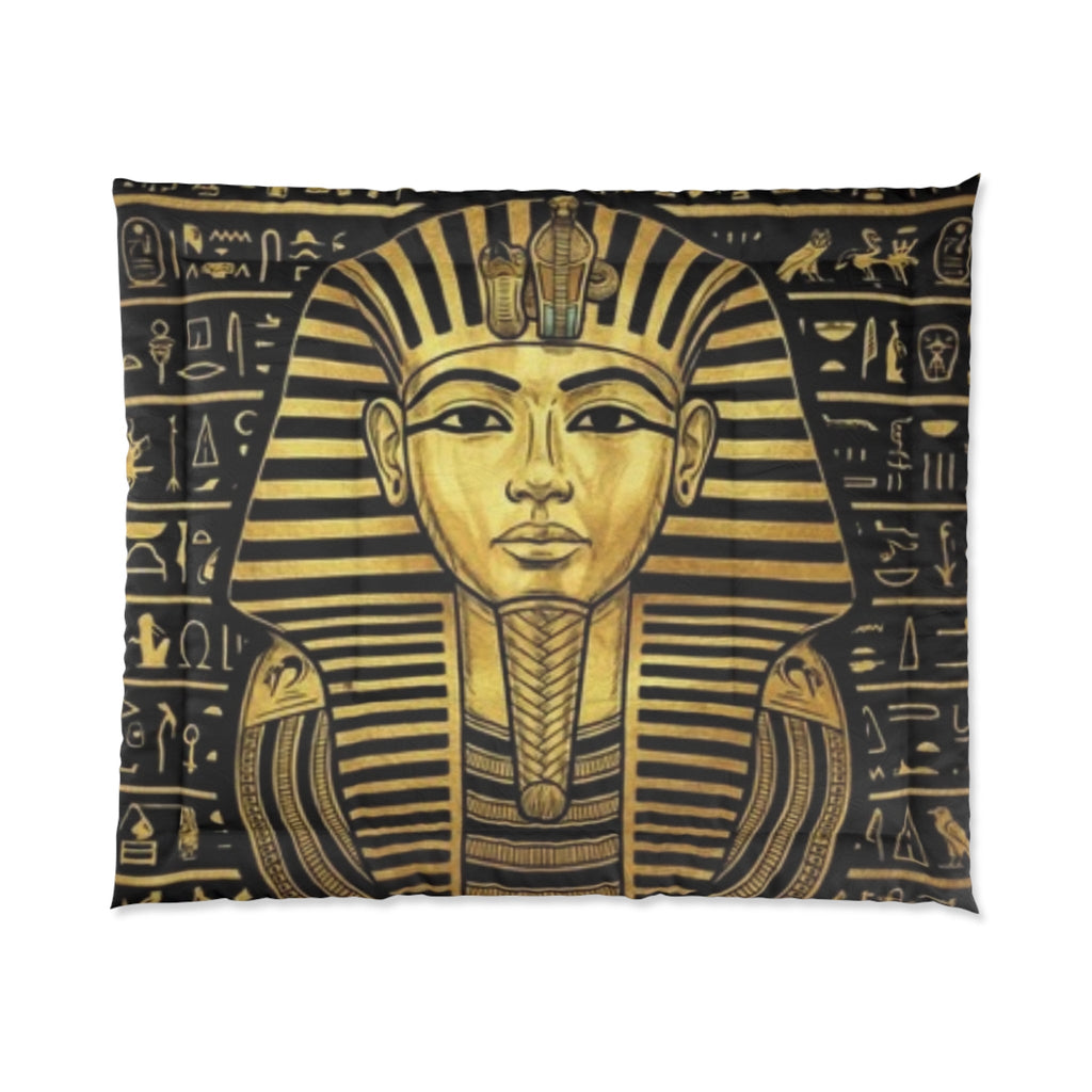 Egyptian Pharaoh Comforter – Gold Tutankhamun Hieroglyphic Bedspread