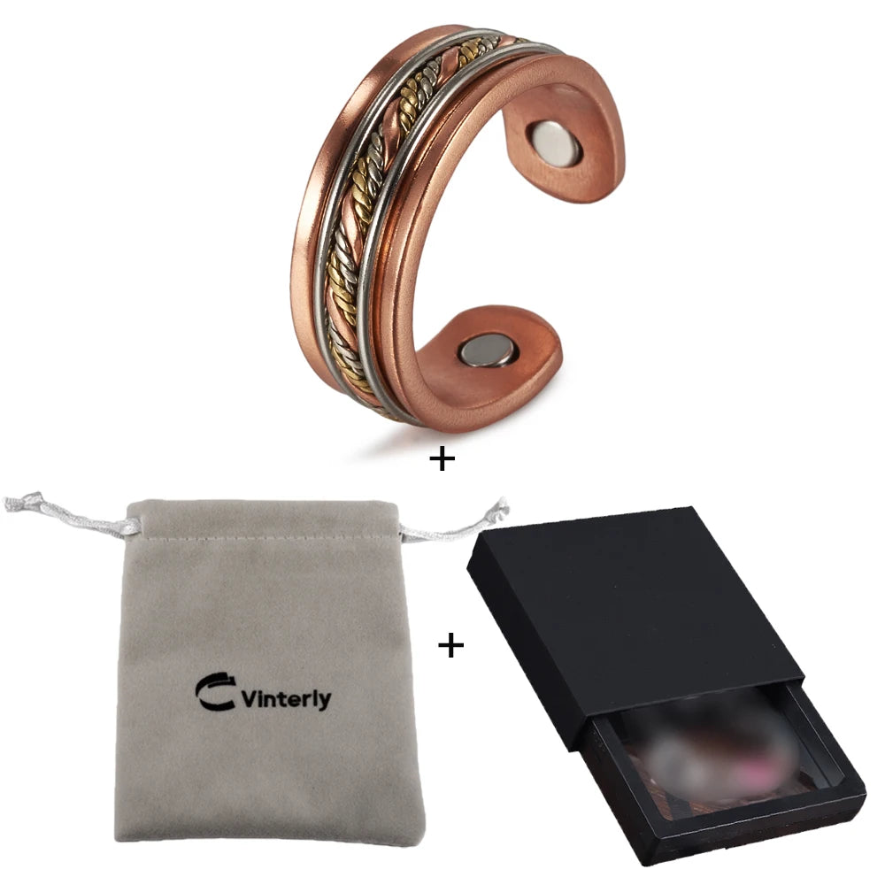 Vinterly Pure Copper Magnetic Rings Twisted Lines Wide 8.4mm Health Energy Finger Cuff Adjustable Jewelry High Magnet Resizable