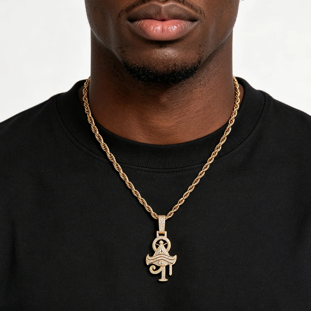 THE BLING KING Full Paved Zircon Egyptian Eye of Horus Ankh Cross Pendant Hip Hop Necklace for Men Rapper Wear Gift