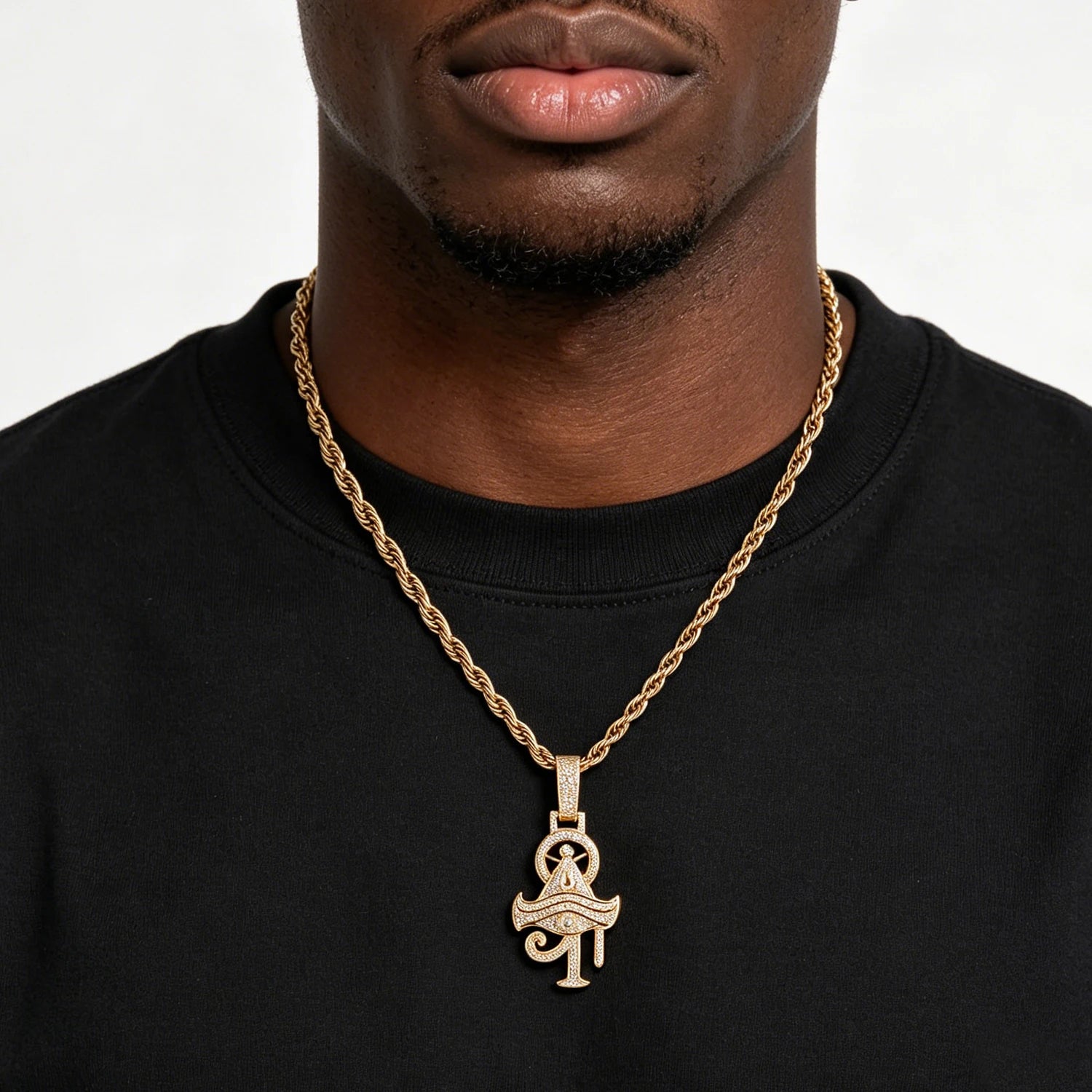 THE BLING KING Full Paved Zircon Egyptian Eye of Horus Ankh Cross Pendant Hip Hop Necklace for Men Rapper Wear Gift