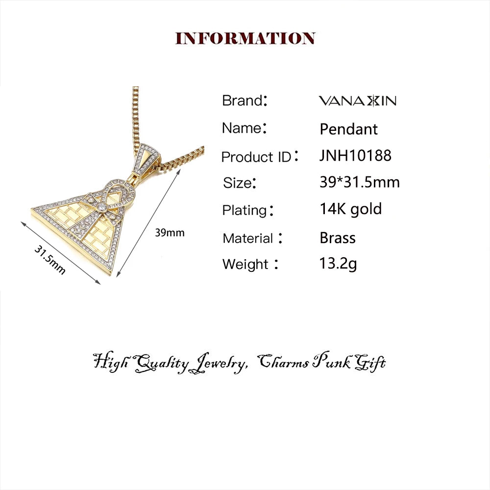 VANAXIN Iced Out Egypt Pyramid Ankh Crucifix Pendant Necklaces Gold Color Classic Fashion Jewelry Gifts for Men Women