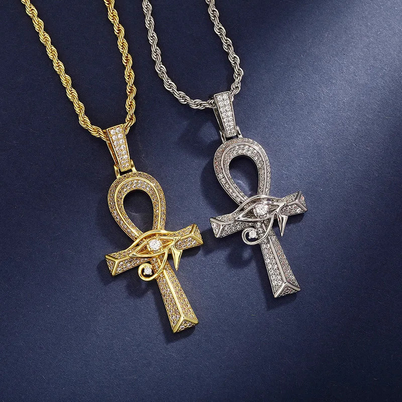 Iced Out Eye of Horus Ancien Egypt Ankh Pendant Necklace Big Vintage Cubic Zircon Cross Key of Life Guardian Charm Jewelry Gifts