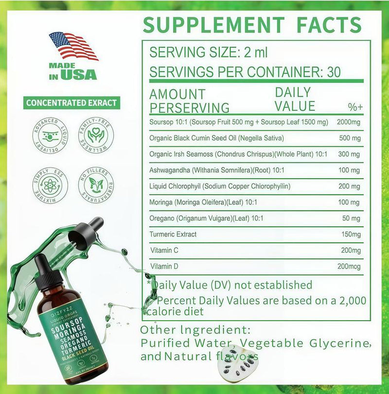 2 Bottle Soursop Bitters Liquid Drops 10-In-1 with Nori, Moringa, Turmeric, Black Seed Oil, Oregano, Ashwagandha Herbal Extracts for Overall Health Vegan,Non-Qz 2 Fl Oz Bathroom Fitness Dietary Supplement