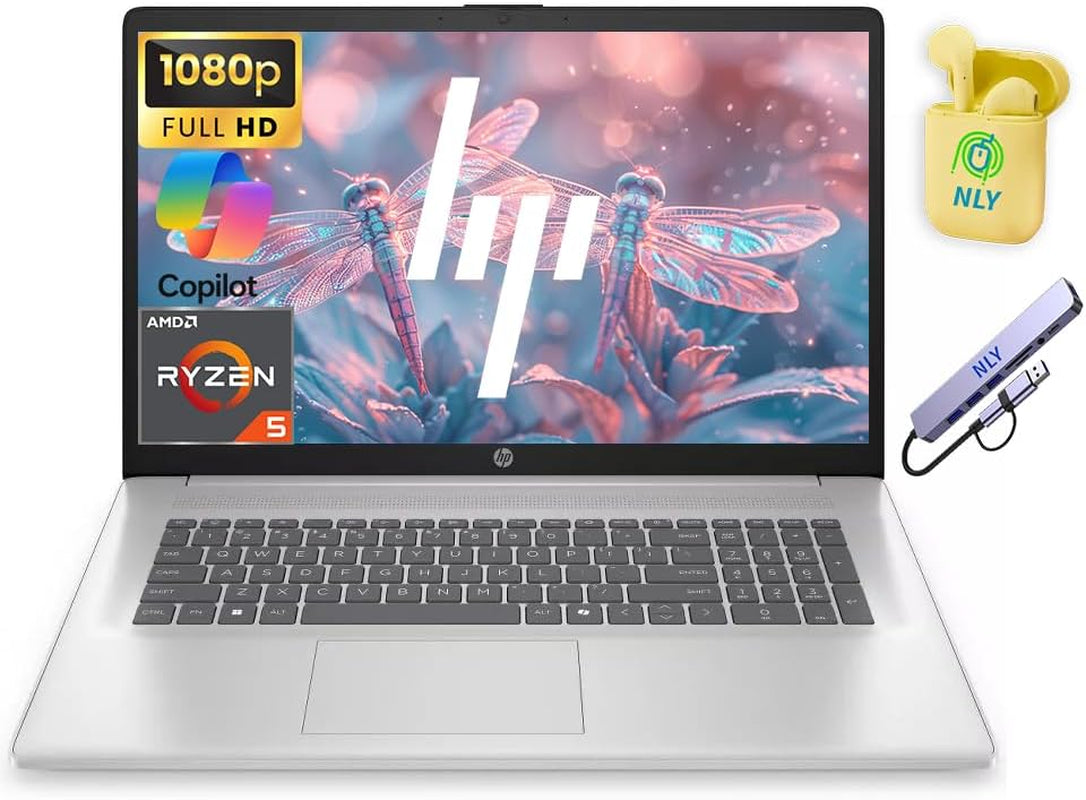 HP 17.3" FHD Business Laptop Computer, Windows 11 Laptop 32GB RAM 1.5TB Storage (1TB SSD+512GB Docking Set), 6-Core AMD Ryzen 5 Processor, AI Copilot, Numeric Keypad, NLY Earphones, Natural Silver