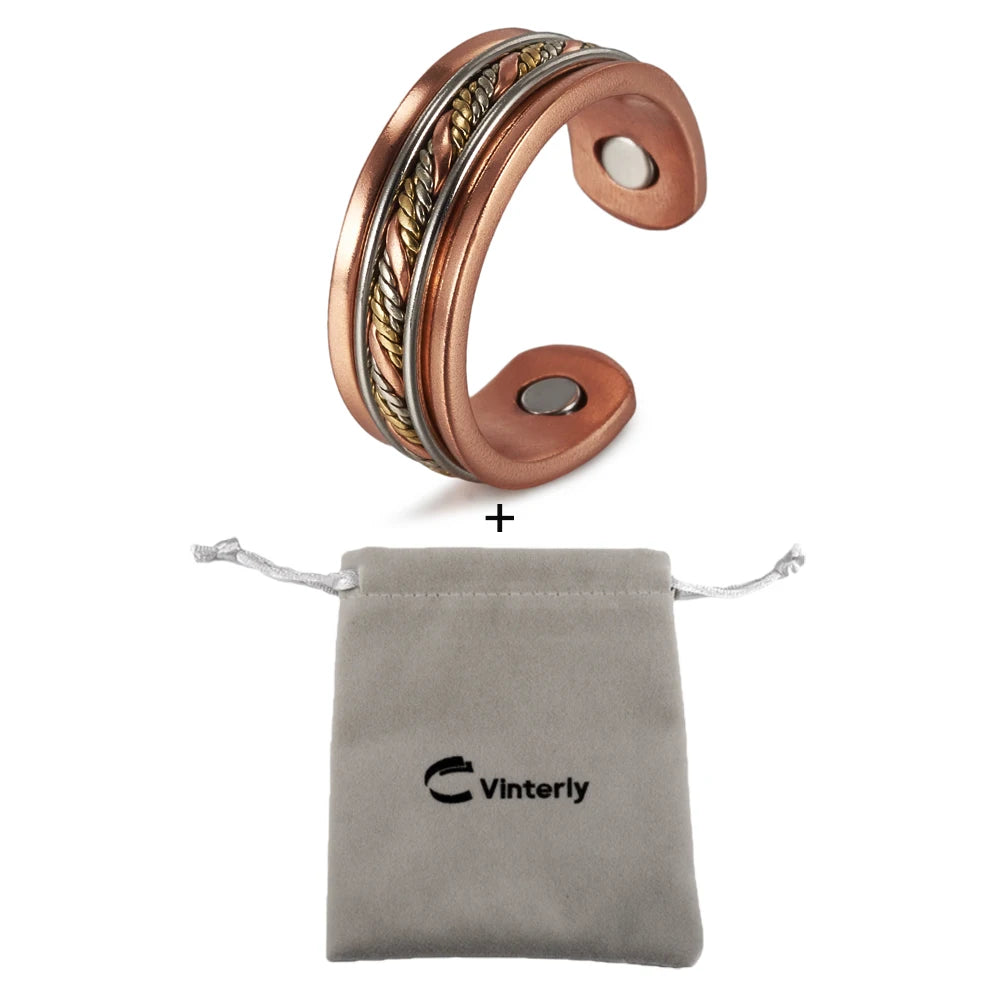 Vinterly Pure Copper Magnetic Rings Twisted Lines Wide 8.4mm Health Energy Finger Cuff Adjustable Jewelry High Magnet Resizable