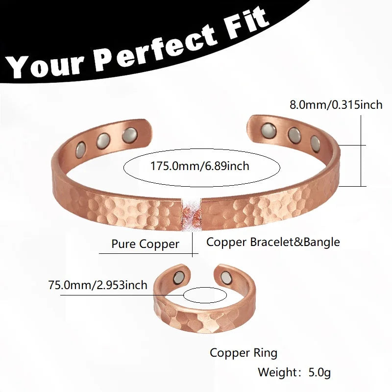 Magnetic Pure Copper Bracelets for Women Men Vintage Rose Gold Cuff Bangle Charms Health Energy Bracelet with Gauss Magnets