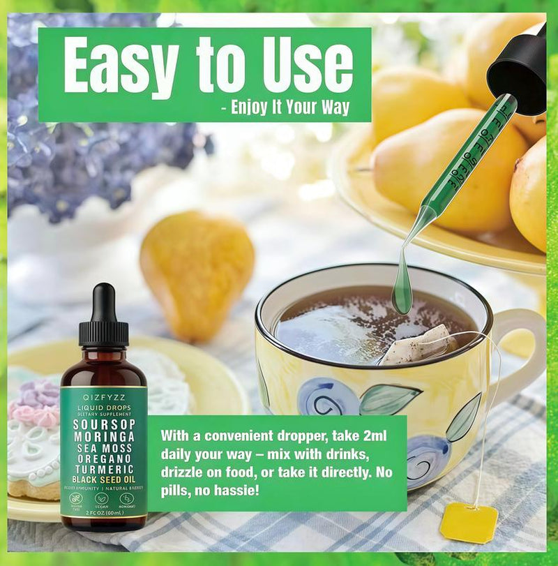 2 Bottle Soursop Bitters Liquid Drops 10-In-1 with Nori, Moringa, Turmeric, Black Seed Oil, Oregano, Ashwagandha Herbal Extracts for Overall Health Vegan,Non-Qz 2 Fl Oz Bathroom Fitness Dietary Supplement