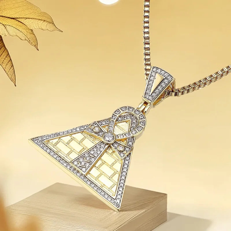 VANAXIN Iced Out Egypt Pyramid Ankh Crucifix Pendant Necklaces Gold Color Classic Fashion Jewelry Gifts for Men Women