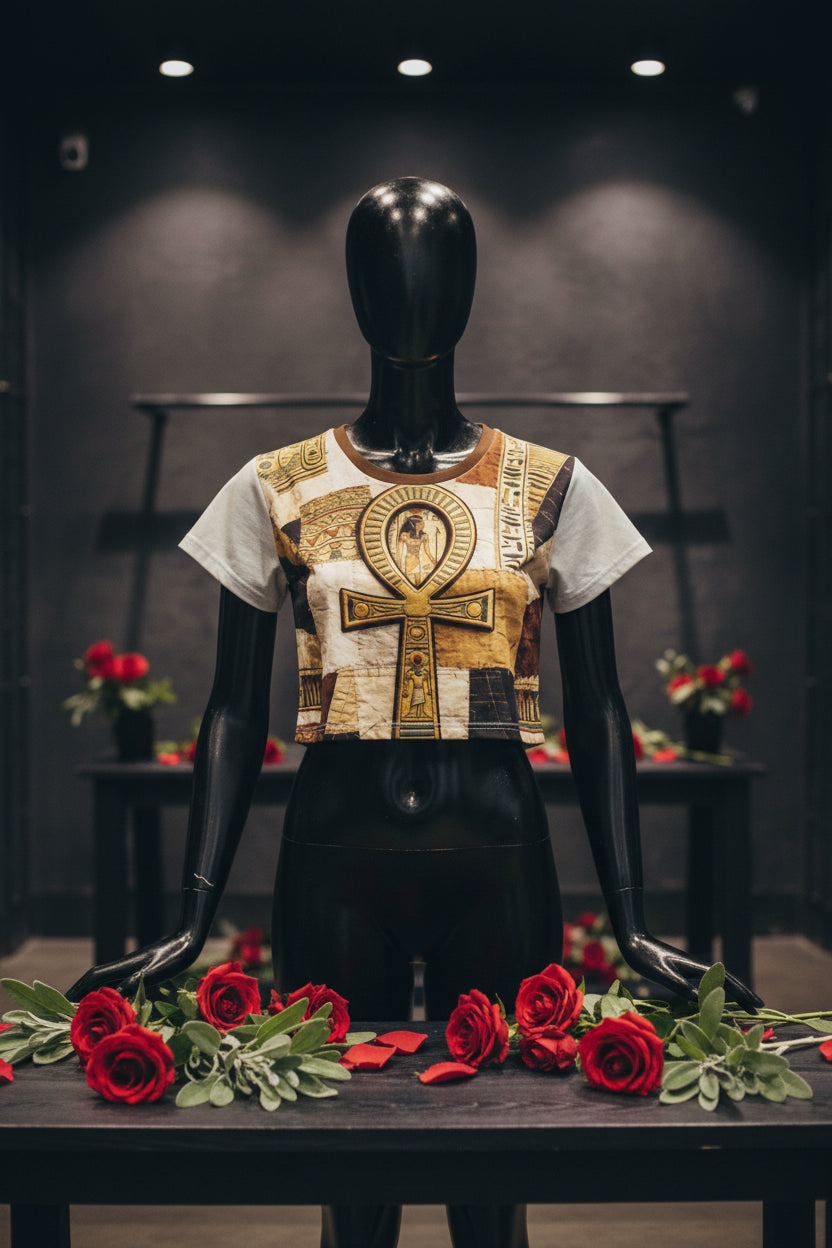 Egyptian print Crop Top Tee — Vintage Ankh & Script All-Over Print