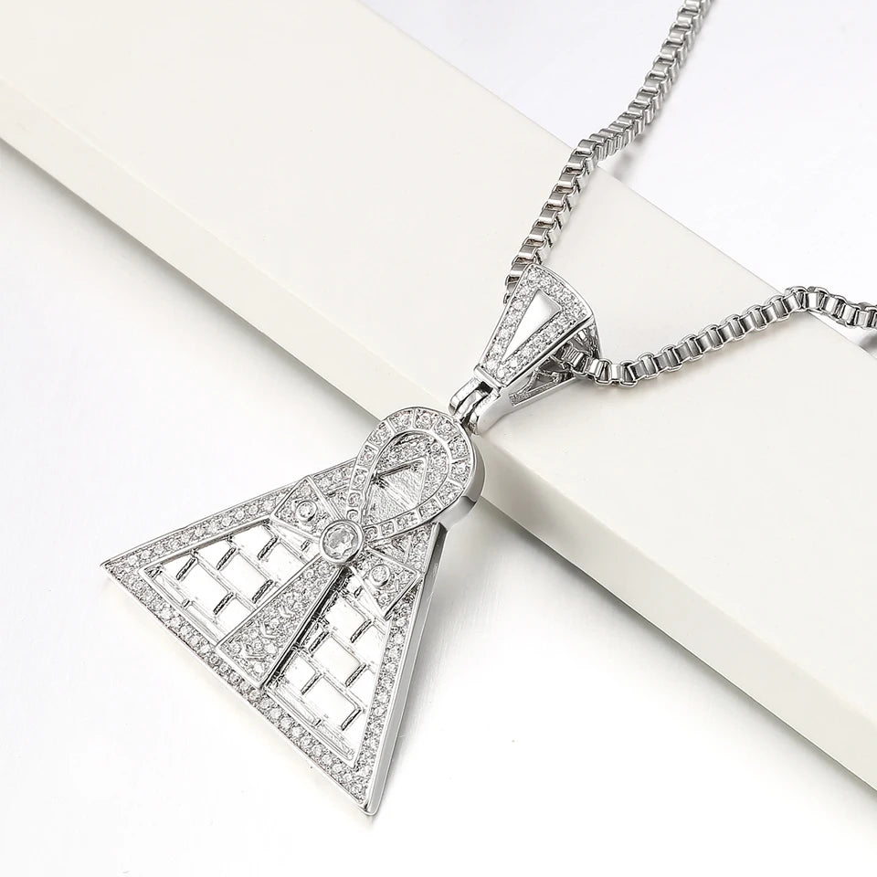 VANAXIN Iced Out Egypt Pyramid Ankh Crucifix Pendant Necklaces Gold Color Classic Fashion Jewelry Gifts for Men Women