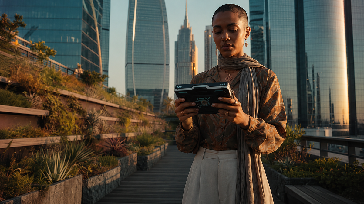 Woman wearing copper earrings, necklace and rings in a modern city setting — JBX E-Shop.
