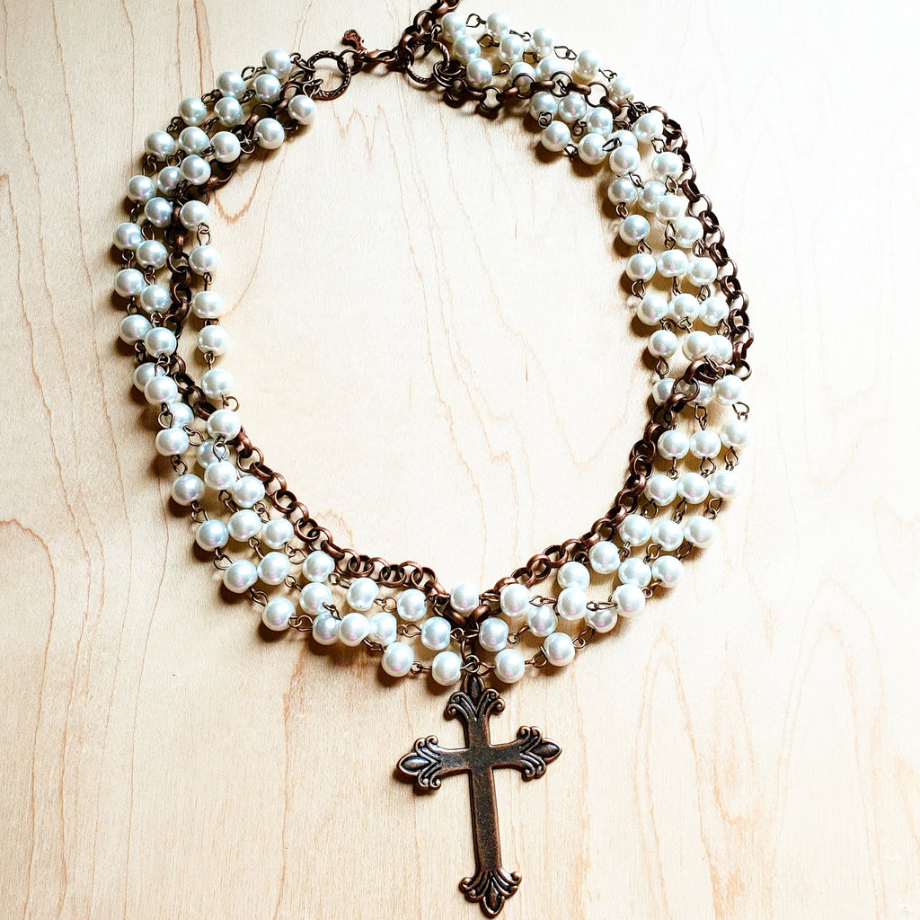 Glass Pearl & Copper Cross Collar Necklace