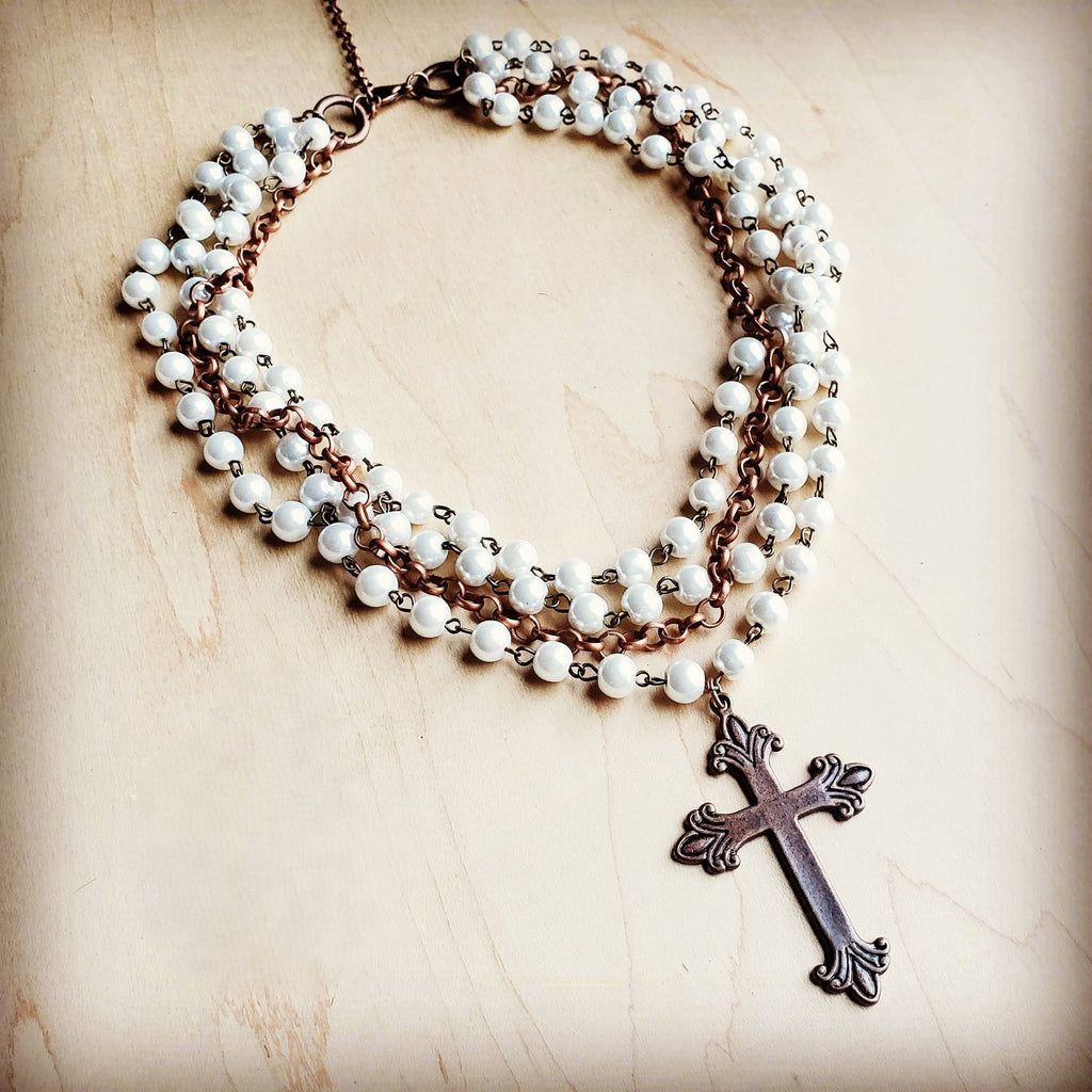 Glass Pearl & Copper Cross Collar Necklace