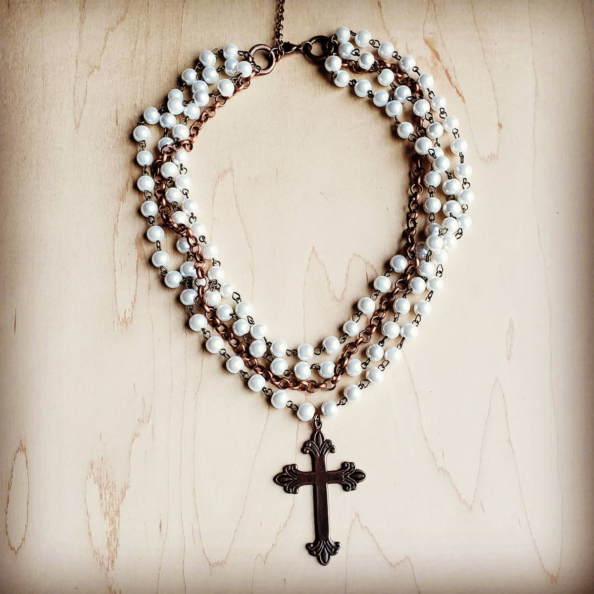 Glass Pearl & Copper Cross Collar Necklace