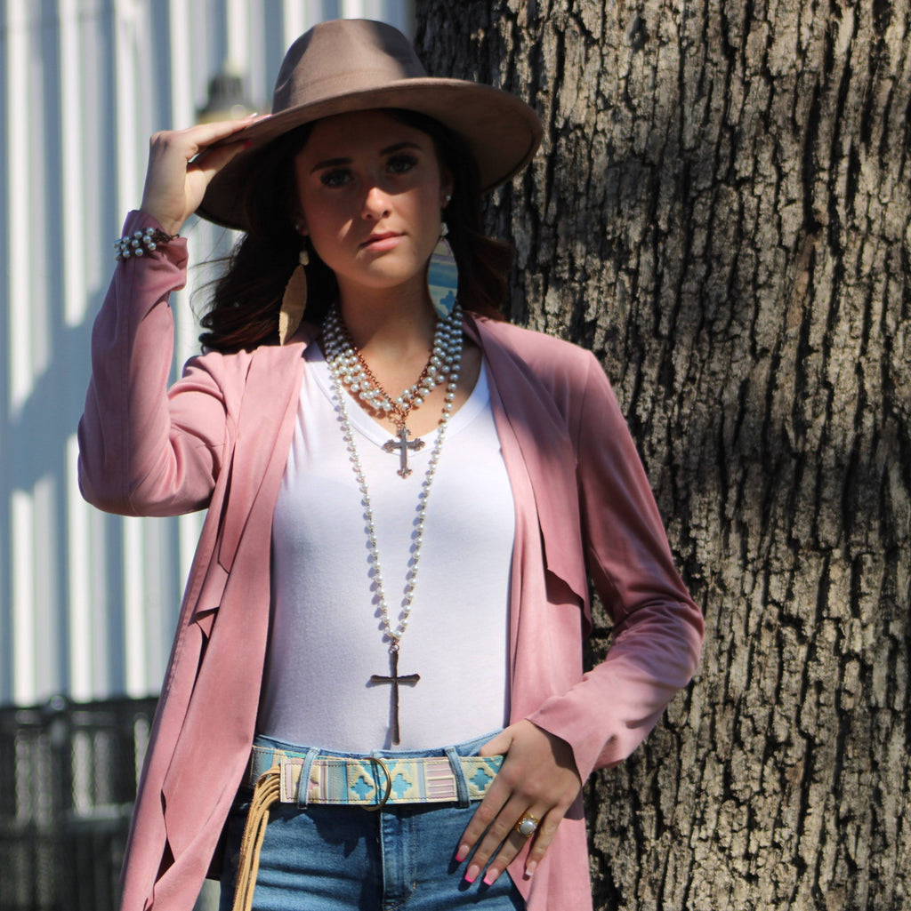 Glass Pearl & Copper Cross Collar Necklace