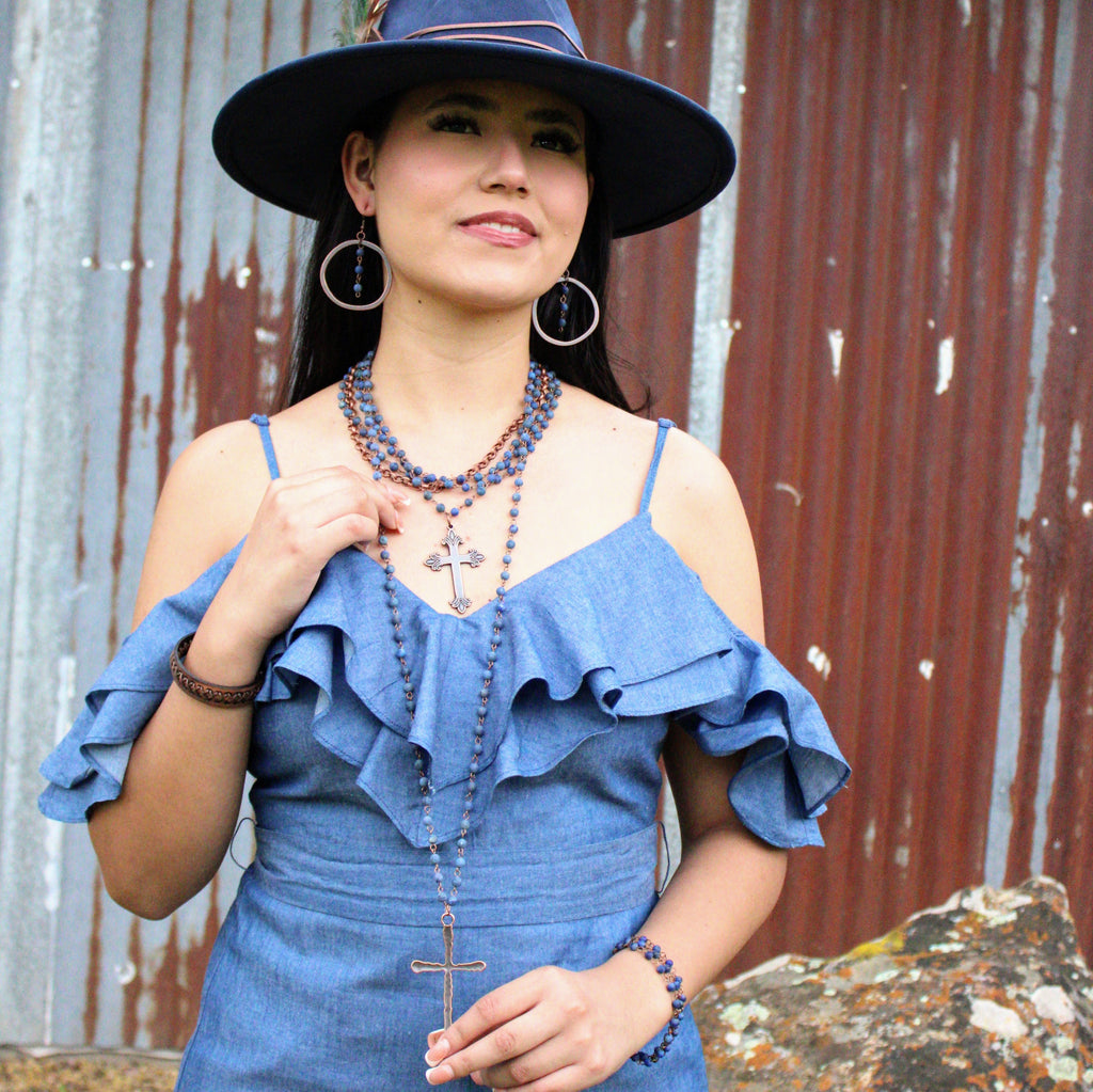 Blue Lapis & Copper Cross Collar Necklace