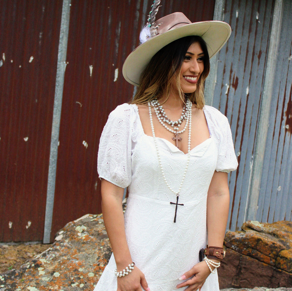 Glass Pearl & Copper Cross Collar Necklace