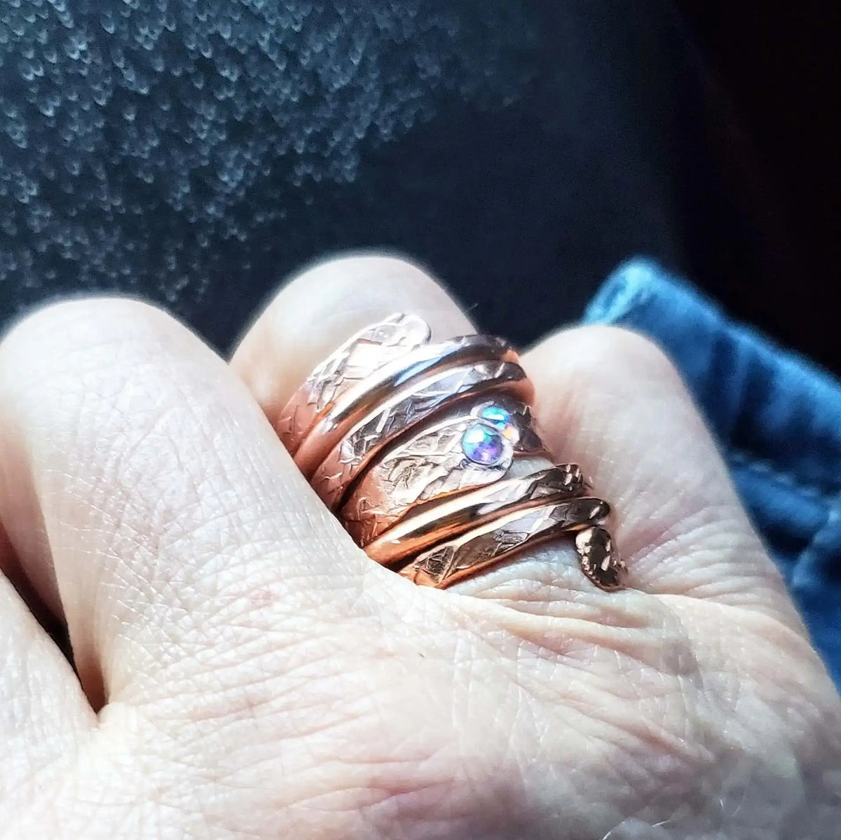 Hammered Copper Crystal Wrap Ring – Stackable