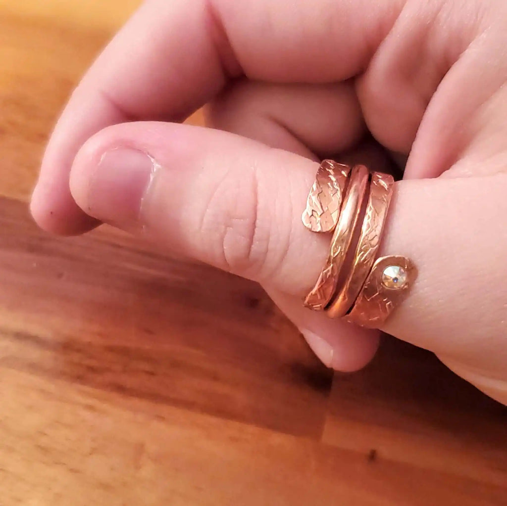 Hammered Copper Crystal Wrap Ring – Stackable
