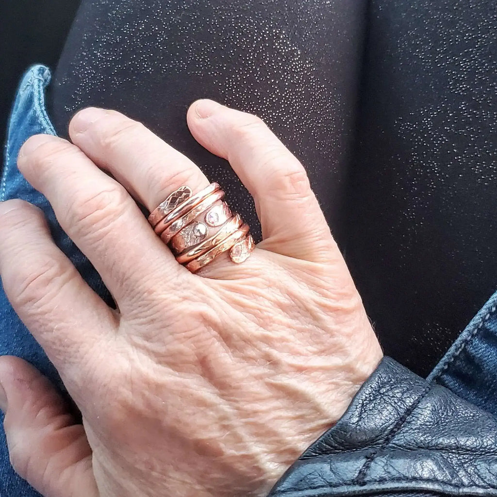 Hammered Copper Crystal Wrap Ring – Stackable
