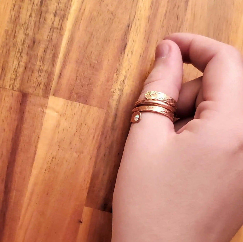 Hammered Copper Crystal Wrap Ring – Stackable