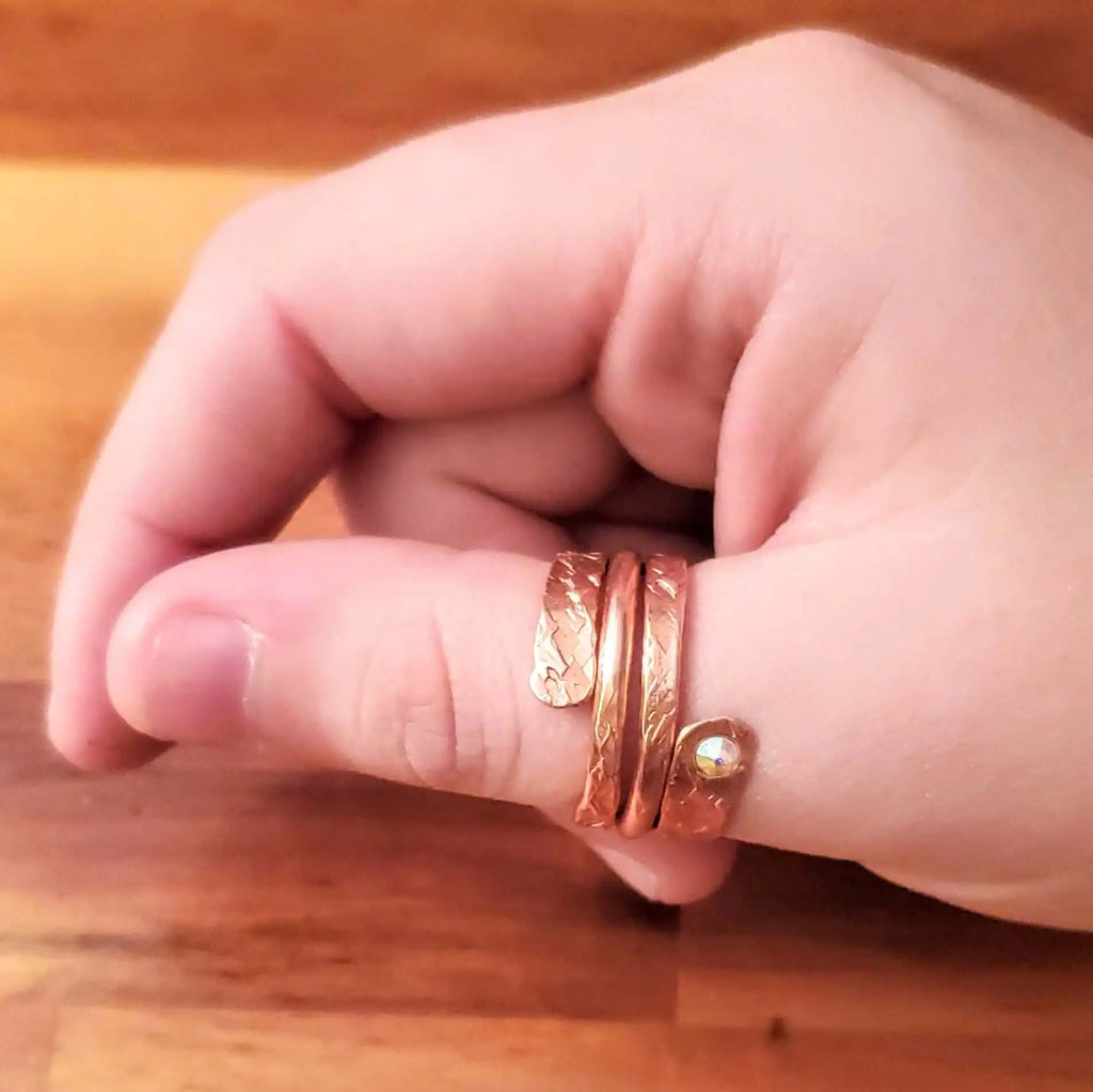 Hammered Copper Crystal Wrap Ring – Stackable
