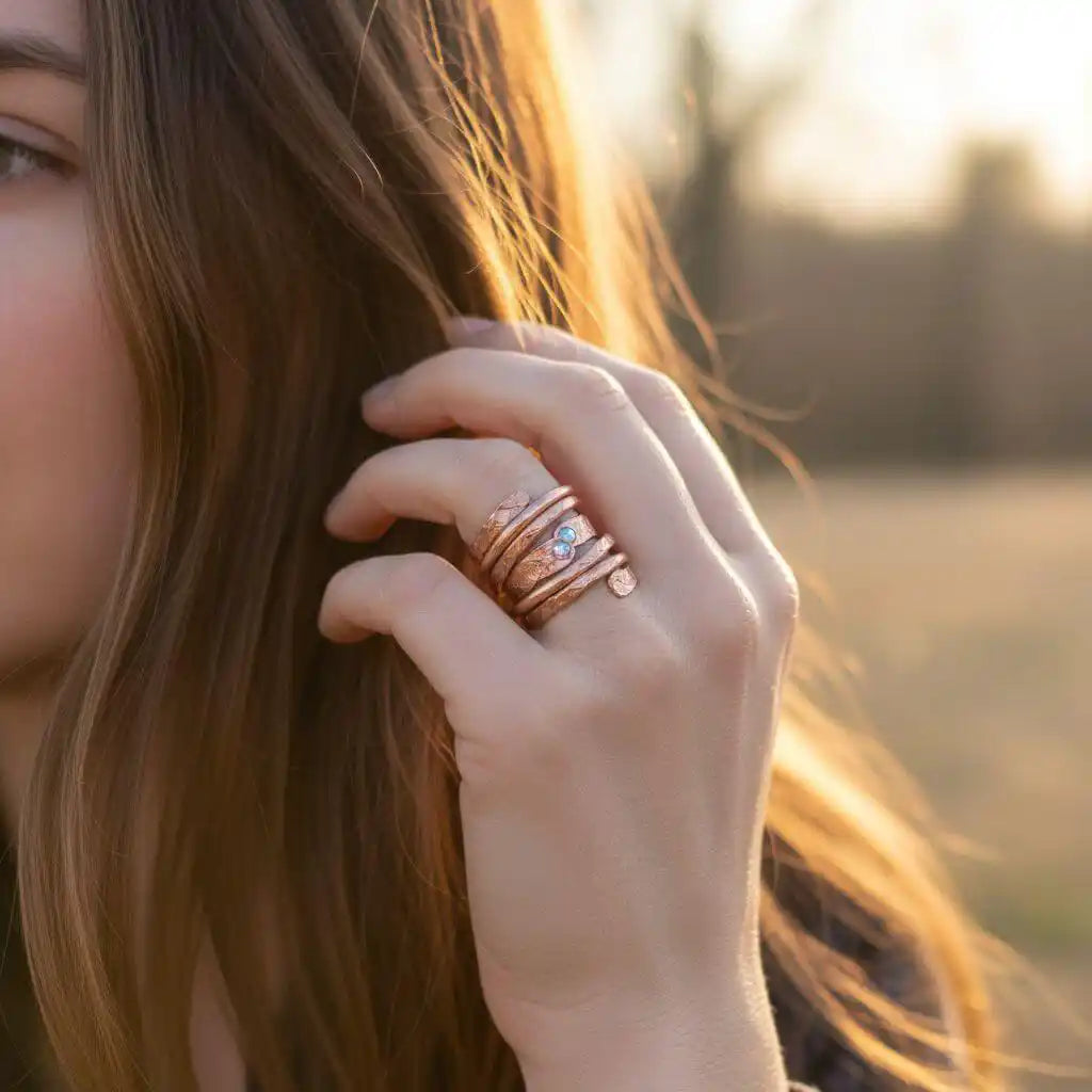 Hammered Copper Crystal Wrap Ring – Stackable