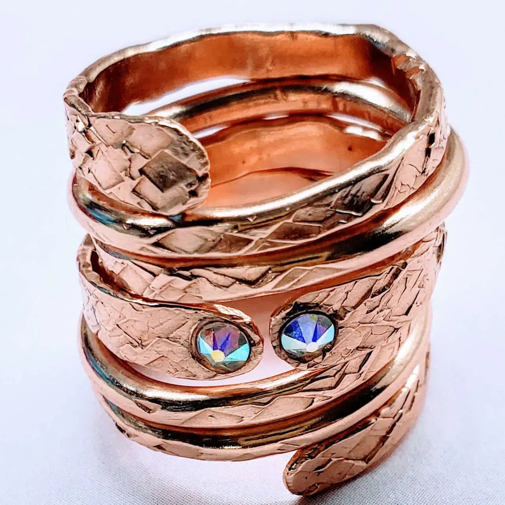 Hammered Copper Crystal Wrap Ring – Stackable