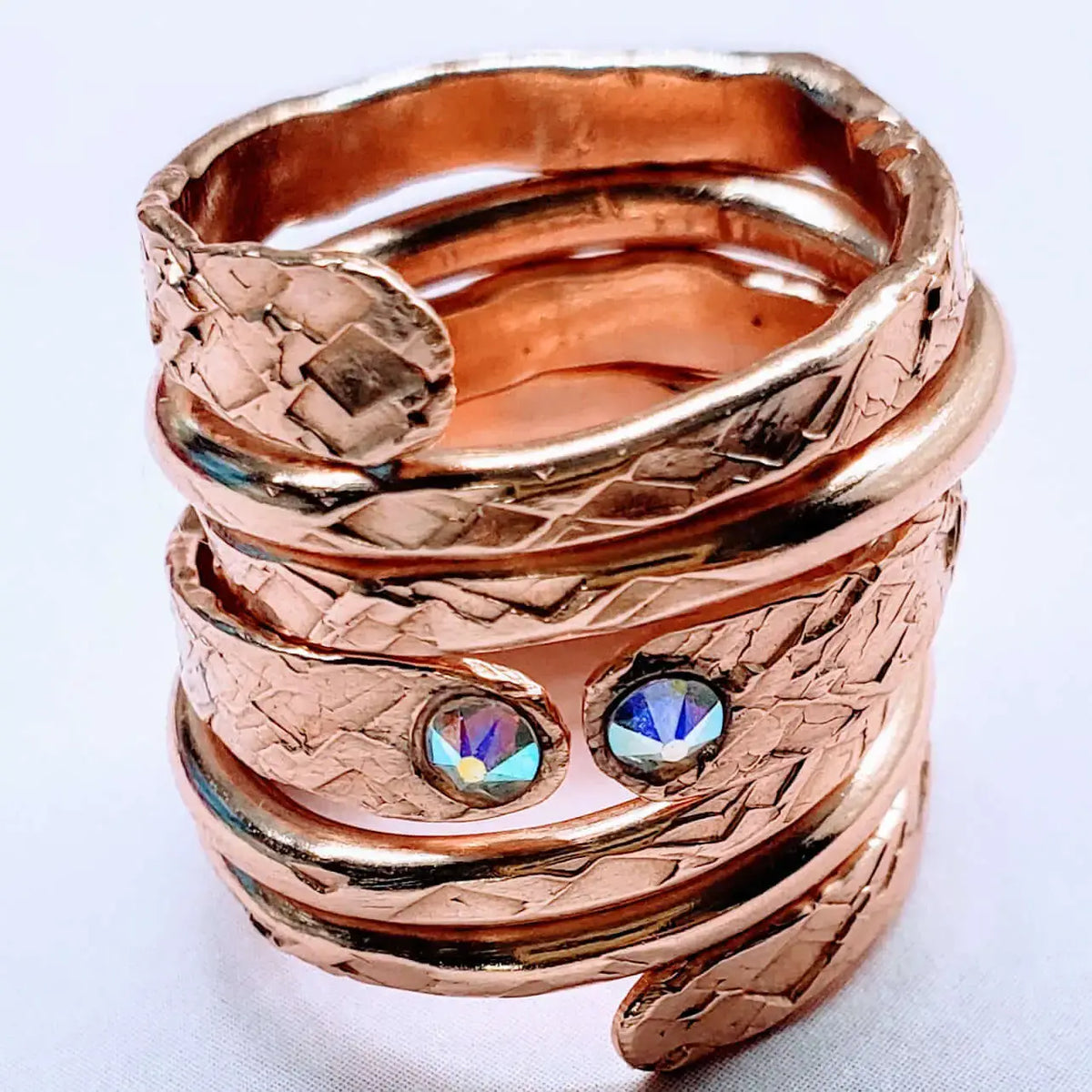 Hammered Copper Crystal Wrap Ring – Stackable