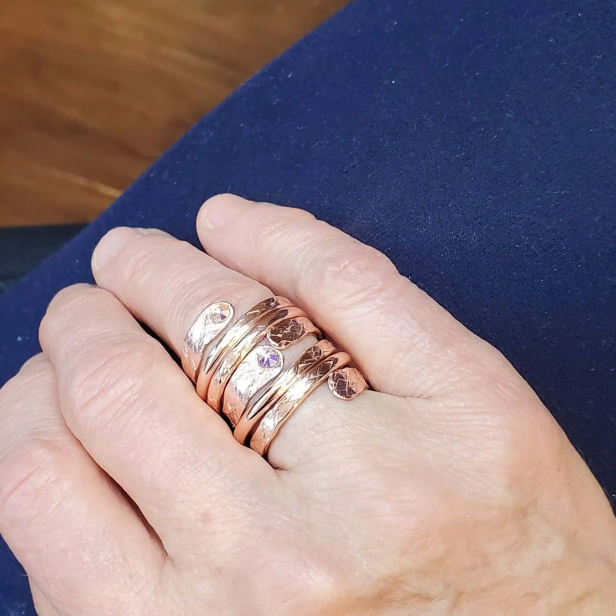 Hammered Copper Crystal Wrap Ring – Stackable