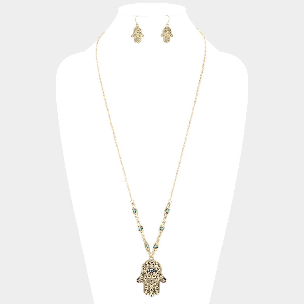 Evil Eye Hamsa Hand Pendant Necklace – Antique Gold Tone