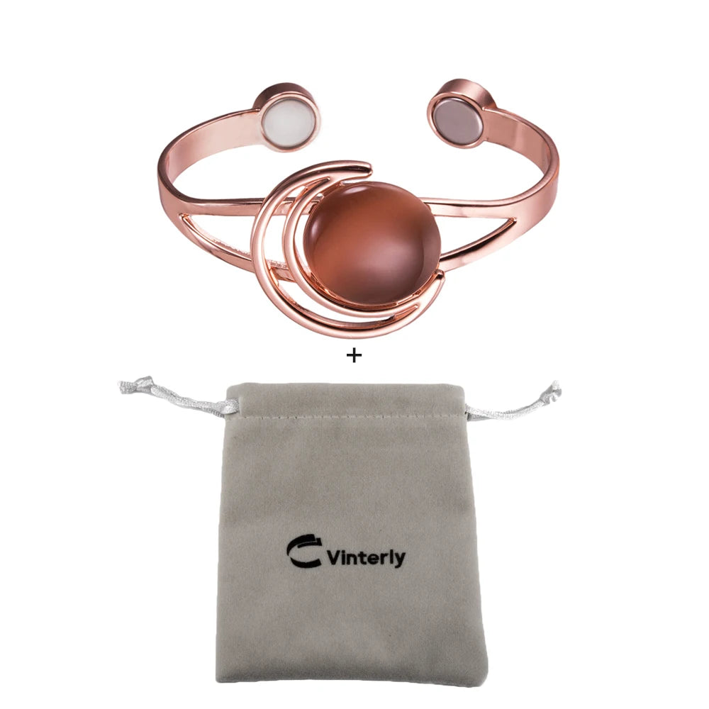 Vinterly Adjustable Magnetic Bracelet Pure Copper Brown Blue Stone High Magnet Arthritis Moon Sun Bangle Women Resizable Jewelry