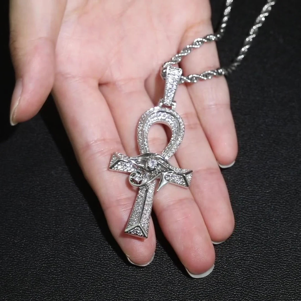 Iced Out Eye of Horus Ancien Egypt Ankh Pendant Necklace Big Vintage Cubic Zircon Cross Key of Life Guardian Charm Jewelry Gifts