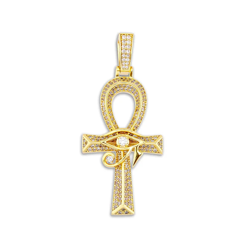Iced Out Eye of Horus Ancien Egypt Ankh Pendant Necklace Big Vintage Cubic Zircon Cross Key of Life Guardian Charm Jewelry Gifts