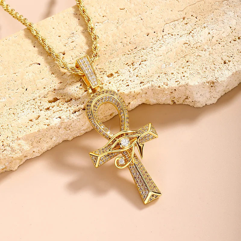 Iced Out Eye of Horus Ancien Egypt Ankh Pendant Necklace Big Vintage Cubic Zircon Cross Key of Life Guardian Charm Jewelry Gifts