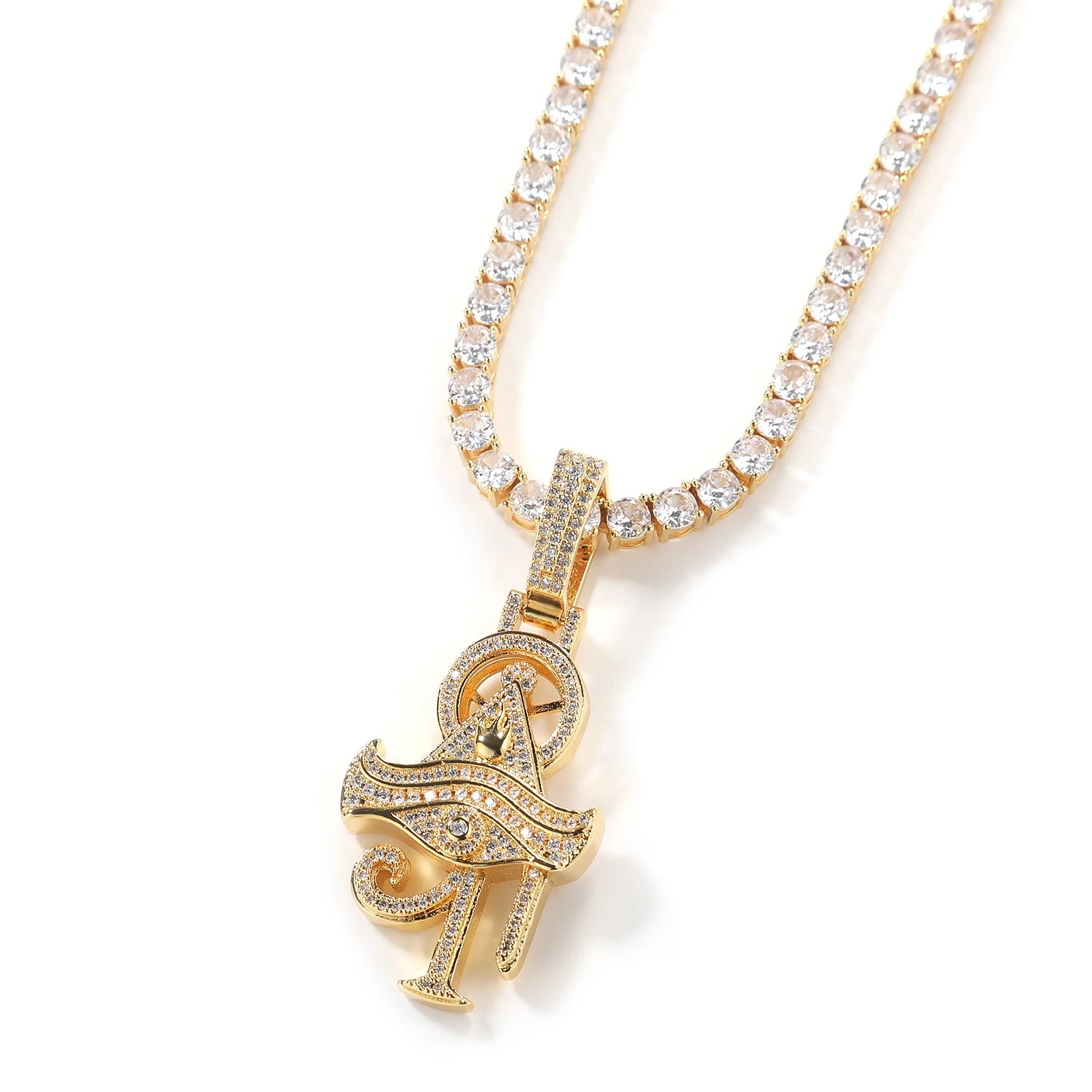 THE BLING KING Full Paved Zircon Egyptian Eye of Horus Ankh Cross Pendant Hip Hop Necklace for Men Rapper Wear Gift