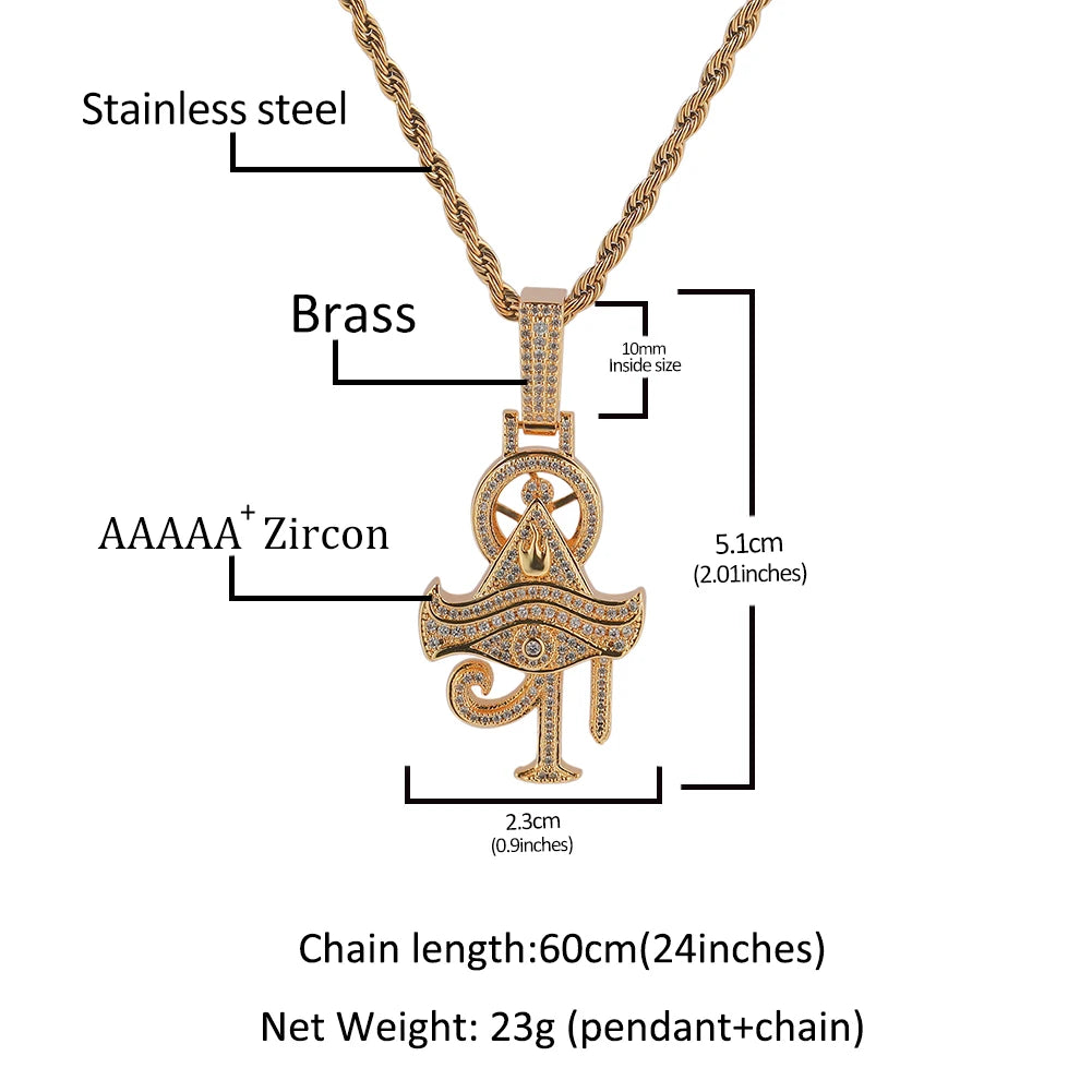 THE BLING KING Full Paved Zircon Egyptian Eye of Horus Ankh Cross Pendant Hip Hop Necklace for Men Rapper Wear Gift