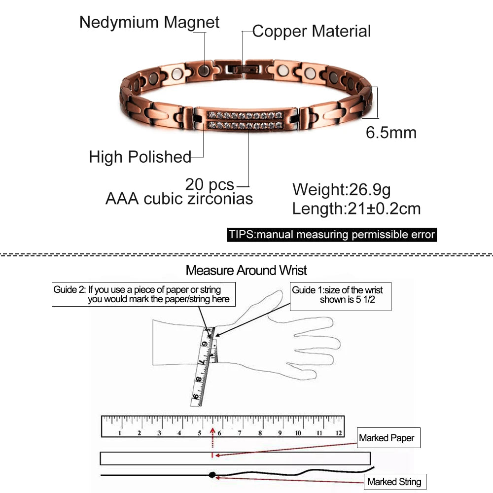 Pure Copper Magnetic Bracelet for Women Arrow Cubic Zirconia ID Bracelets Magnetic Therapy Copper Jewelry Women Arthritis Health