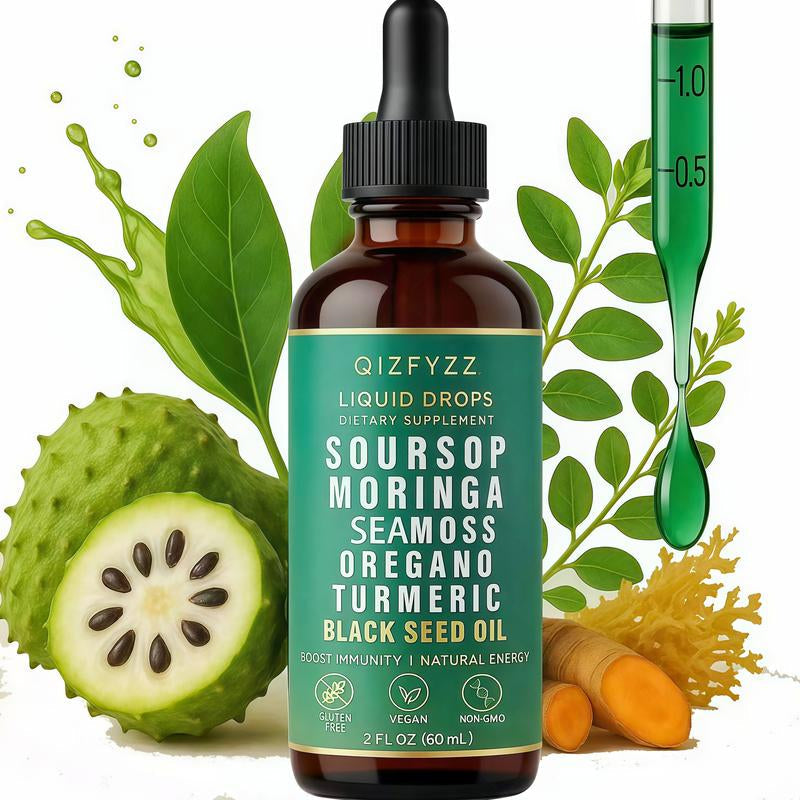2 Bottle Soursop Bitters Liquid Drops 10-In-1 with Nori, Moringa, Turmeric, Black Seed Oil, Oregano, Ashwagandha Herbal Extracts for Overall Health Vegan,Non-Qz 2 Fl Oz Bathroom Fitness Dietary Supplement