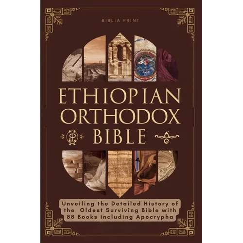 Brown cover of Ethiopian Orthodox Bible by Biblia Print, featuring a collage of religious artwork and manuscripts.
