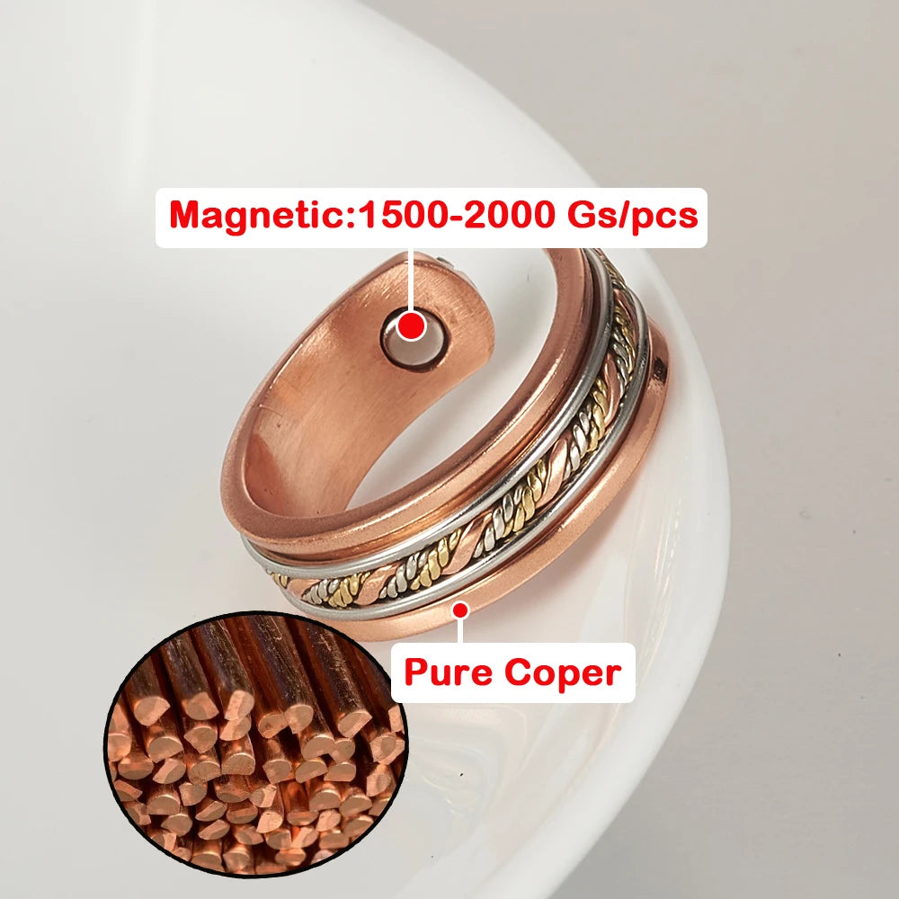 Vinterly Pure Copper Magnetic Rings Twisted Lines Wide 8.4mm Health Energy Finger Cuff Adjustable Jewelry High Magnet Resizable