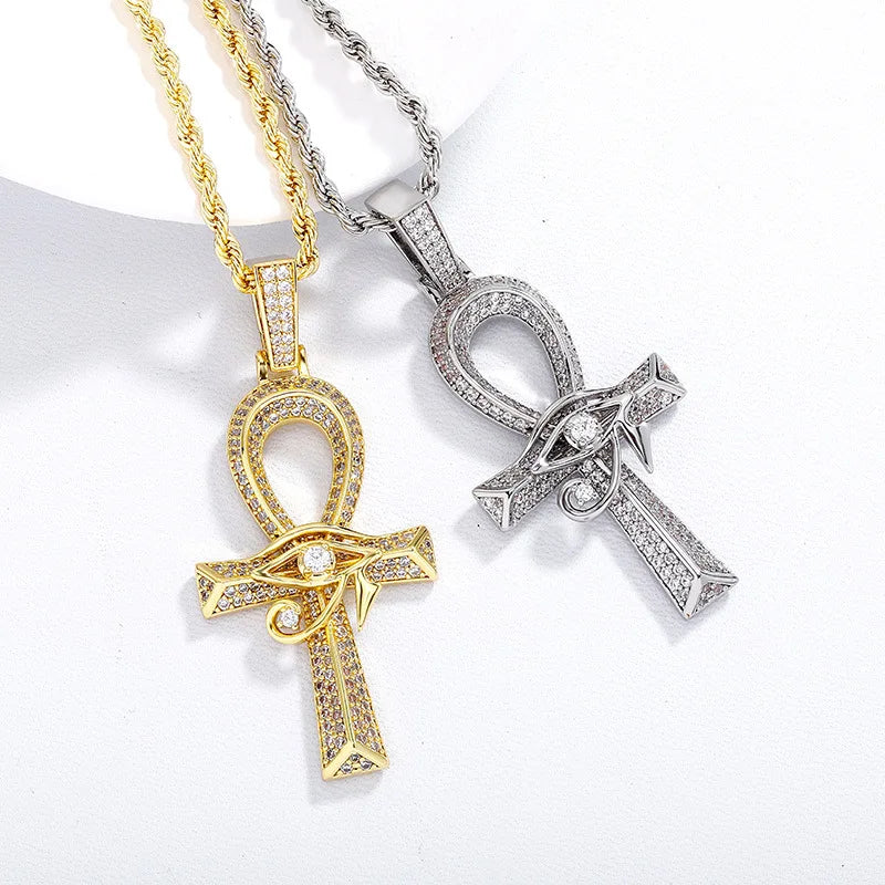 Iced Out Eye of Horus Ancien Egypt Ankh Pendant Necklace Big Vintage Cubic Zircon Cross Key of Life Guardian Charm Jewelry Gifts