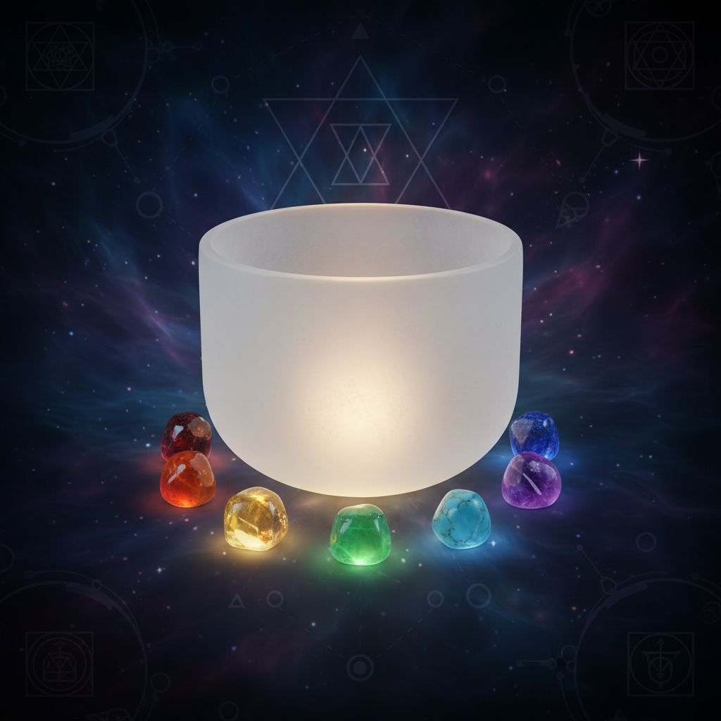 White frosted quartz crystal singing bowl surrounded by chakra crystals in ethereal light