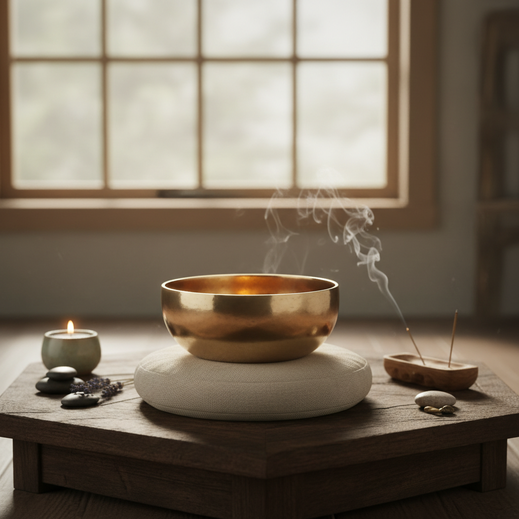Thadobati singing bowl on linen cushion with morning light and incense