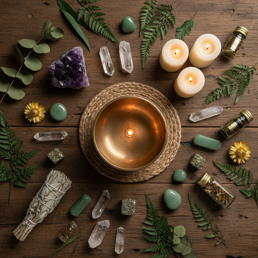 Tibetan singing bowl wellness flat lay with crystals and dried flowers
