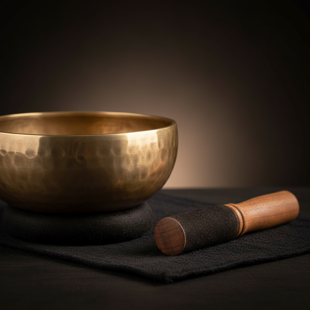 Close-up detail of polished bronze Thadobati singing bowl with mallet